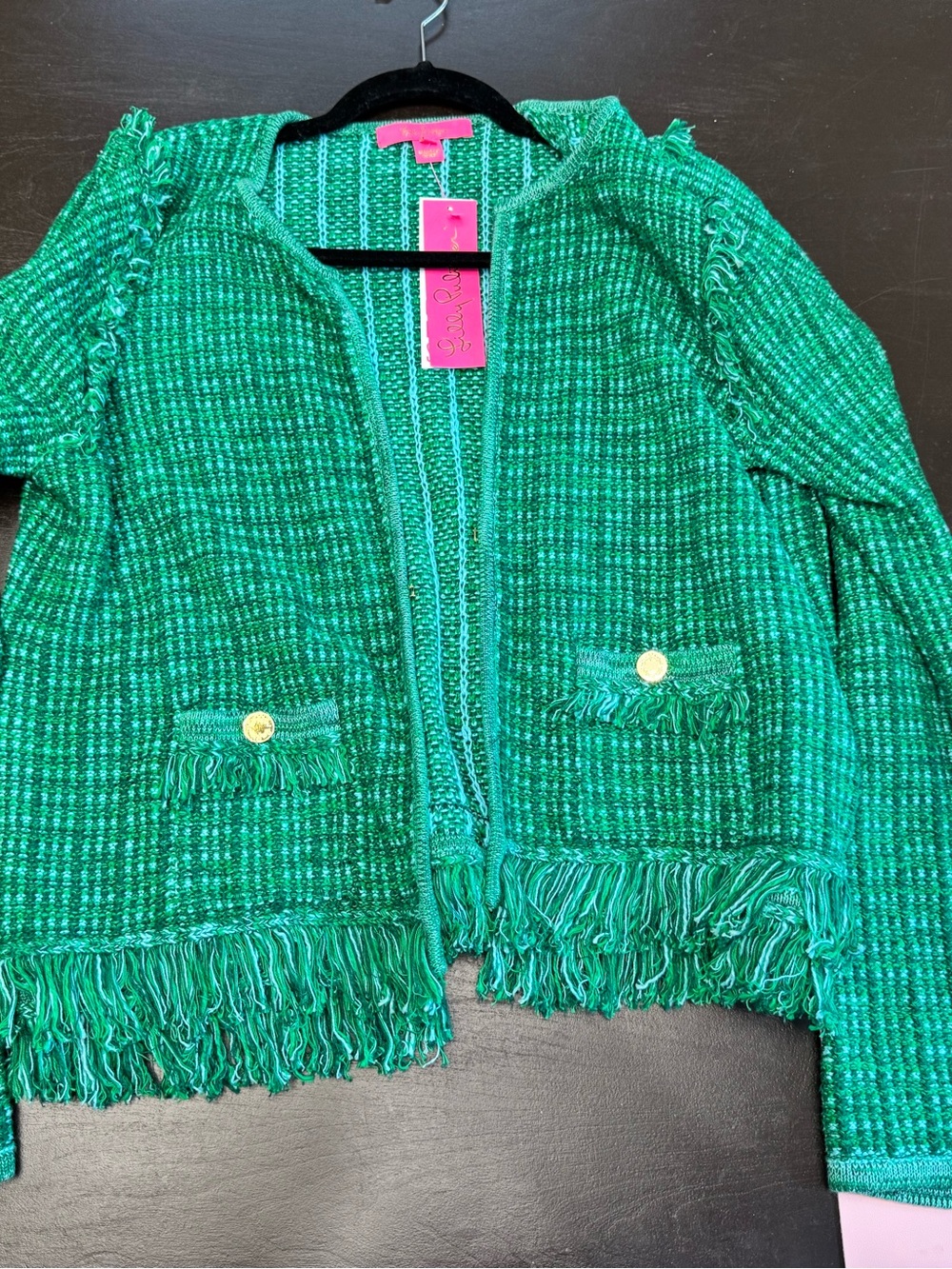Lilly Pulitzer Green Tweed Fringe Jacket with Gold Buttons